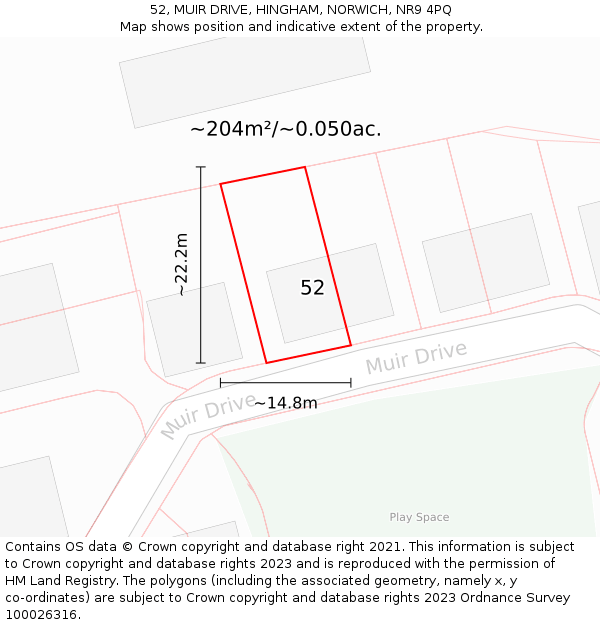 52, MUIR DRIVE, HINGHAM, NORWICH, NR9 4PQ: Plot and title map