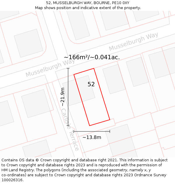 52, MUSSELBURGH WAY, BOURNE, PE10 0XY: Plot and title map