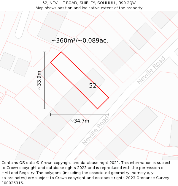 52, NEVILLE ROAD, SHIRLEY, SOLIHULL, B90 2QW: Plot and title map