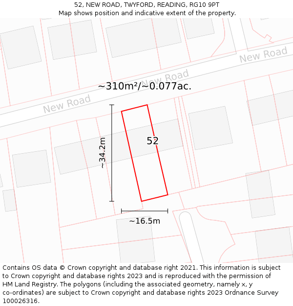 52, NEW ROAD, TWYFORD, READING, RG10 9PT: Plot and title map
