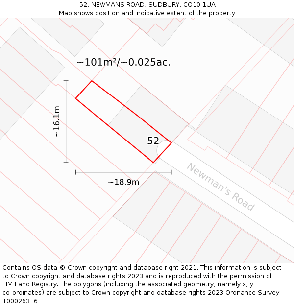 52, NEWMANS ROAD, SUDBURY, CO10 1UA: Plot and title map