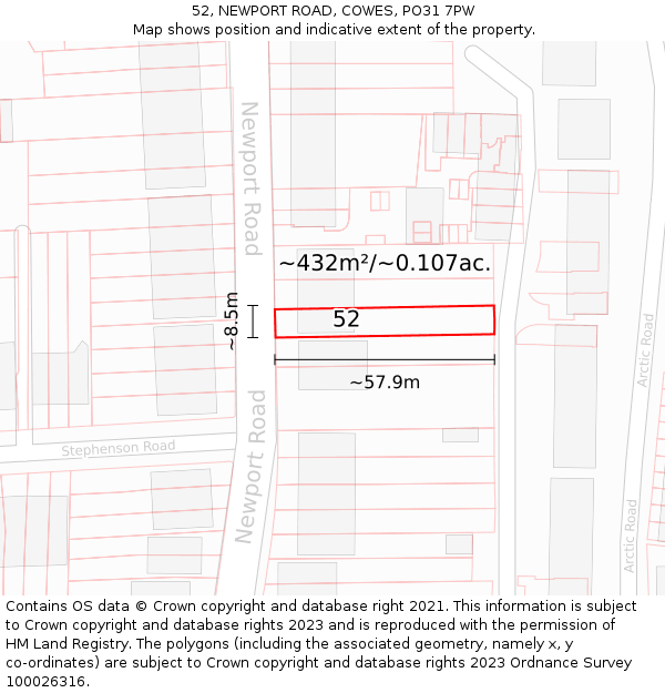 52, NEWPORT ROAD, COWES, PO31 7PW: Plot and title map
