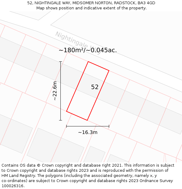 52, NIGHTINGALE WAY, MIDSOMER NORTON, RADSTOCK, BA3 4GD: Plot and title map
