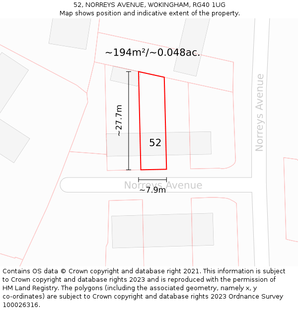 52, NORREYS AVENUE, WOKINGHAM, RG40 1UG: Plot and title map
