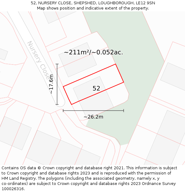 52, NURSERY CLOSE, SHEPSHED, LOUGHBOROUGH, LE12 9SN: Plot and title map