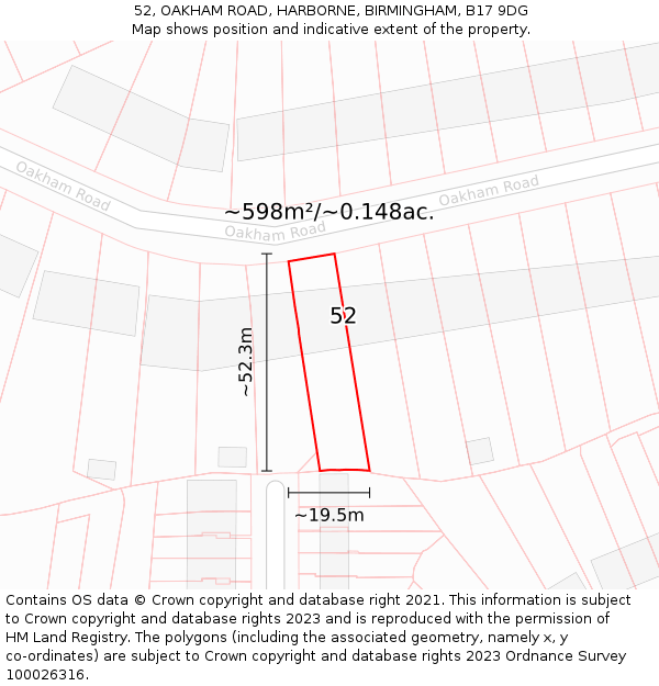 52, OAKHAM ROAD, HARBORNE, BIRMINGHAM, B17 9DG: Plot and title map