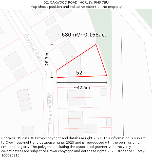 52, OAKWOOD ROAD, HORLEY, RH6 7BU: Plot and title map