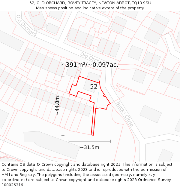 52, OLD ORCHARD, BOVEY TRACEY, NEWTON ABBOT, TQ13 9SU: Plot and title map