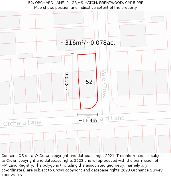 52, ORCHARD LANE, PILGRIMS HATCH, BRENTWOOD, CM15 9RE: Plot and title map