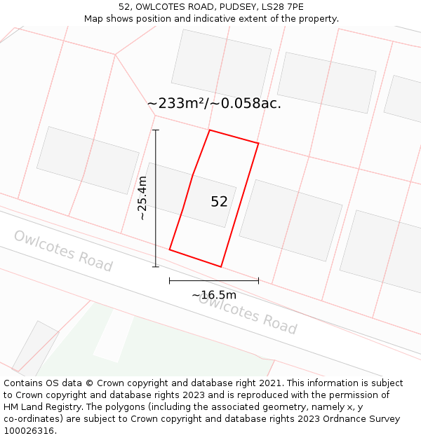 52, OWLCOTES ROAD, PUDSEY, LS28 7PE: Plot and title map