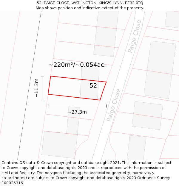 52, PAIGE CLOSE, WATLINGTON, KING'S LYNN, PE33 0TQ: Plot and title map