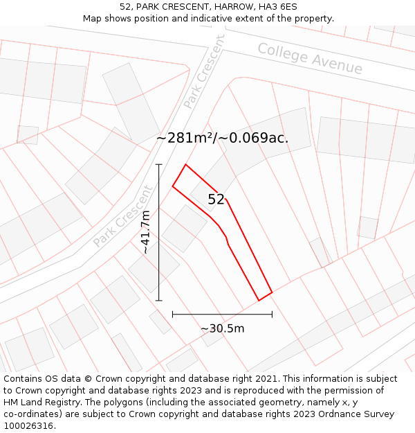 52, PARK CRESCENT, HARROW, HA3 6ES: Plot and title map