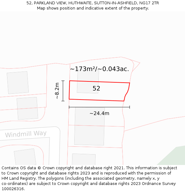 52, PARKLAND VIEW, HUTHWAITE, SUTTON-IN-ASHFIELD, NG17 2TR: Plot and title map