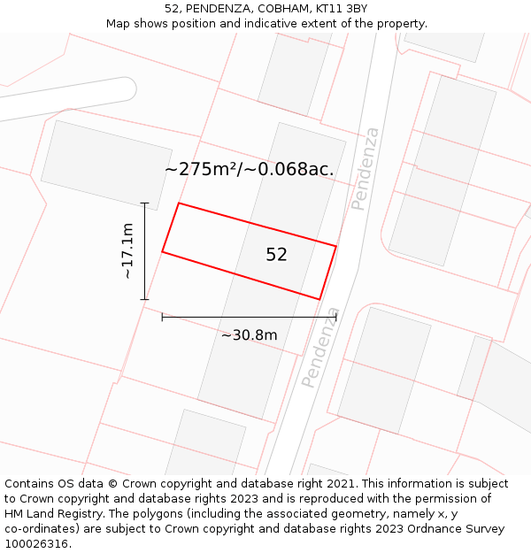 52, PENDENZA, COBHAM, KT11 3BY: Plot and title map