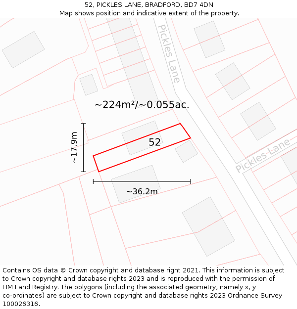 52, PICKLES LANE, BRADFORD, BD7 4DN: Plot and title map