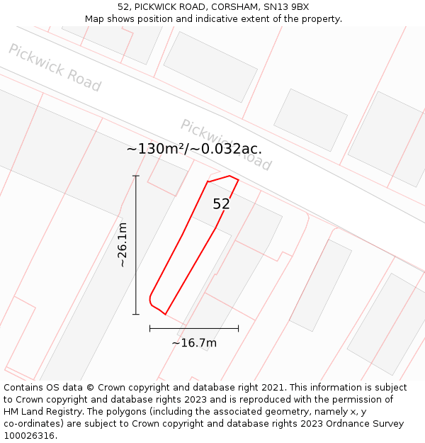 52, PICKWICK ROAD, CORSHAM, SN13 9BX: Plot and title map