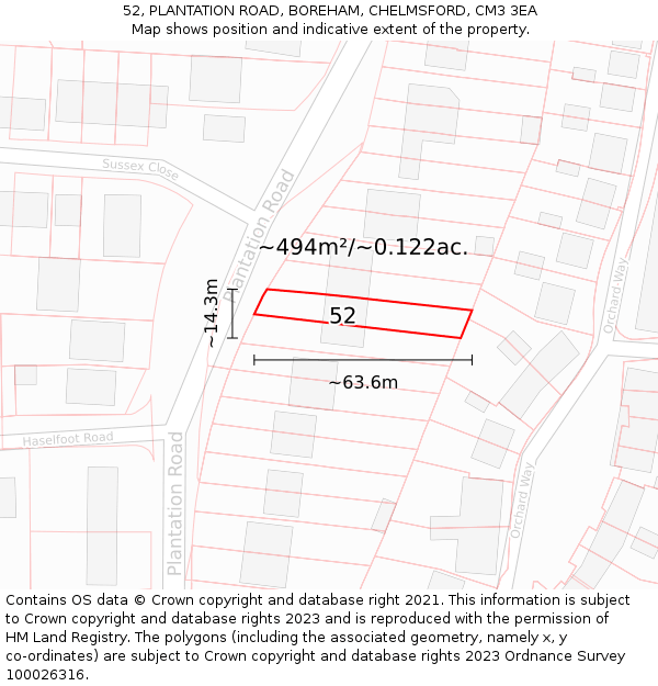 52, PLANTATION ROAD, BOREHAM, CHELMSFORD, CM3 3EA: Plot and title map
