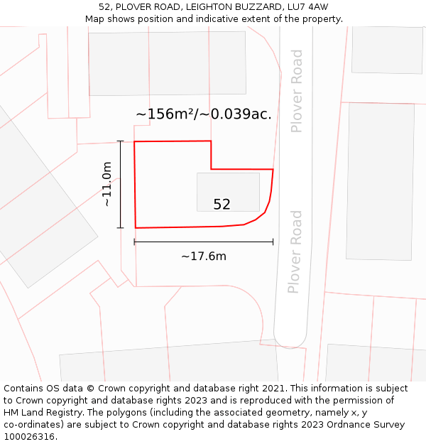52, PLOVER ROAD, LEIGHTON BUZZARD, LU7 4AW: Plot and title map