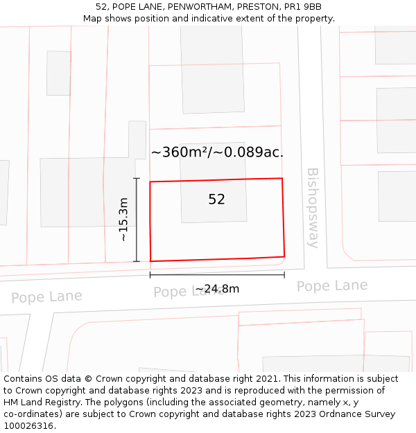 52, POPE LANE, PENWORTHAM, PRESTON, PR1 9BB: Plot and title map