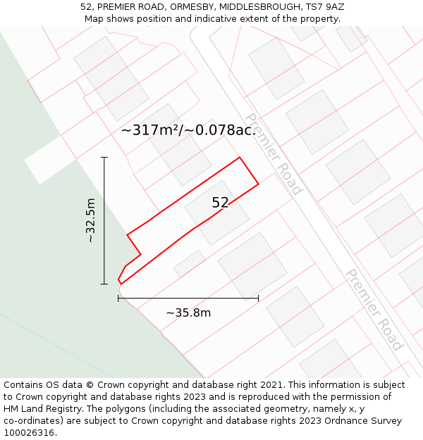 52, PREMIER ROAD, ORMESBY, MIDDLESBROUGH, TS7 9AZ: Plot and title map