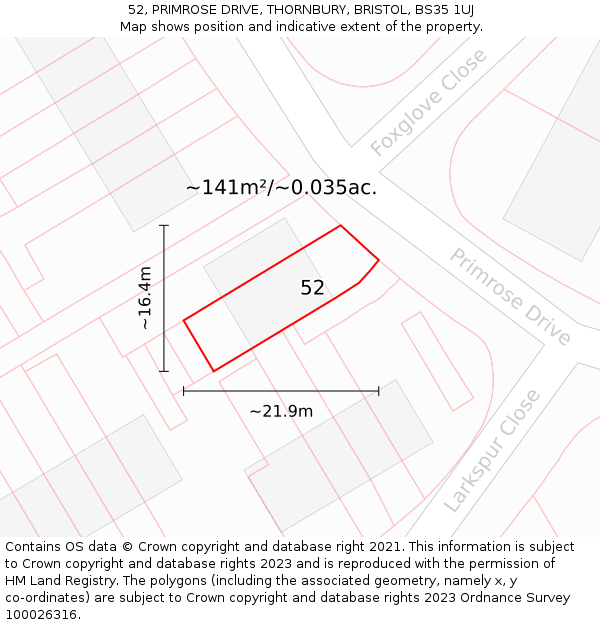 52, PRIMROSE DRIVE, THORNBURY, BRISTOL, BS35 1UJ: Plot and title map