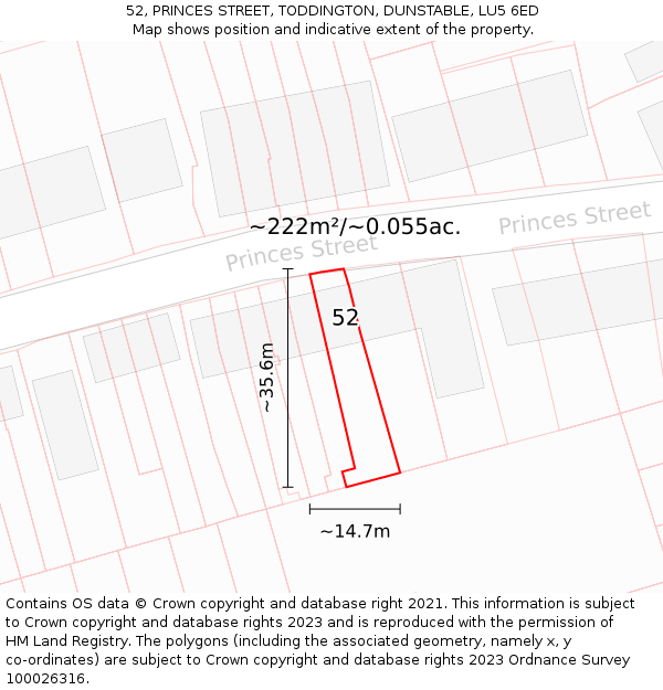 52, PRINCES STREET, TODDINGTON, DUNSTABLE, LU5 6ED: Plot and title map