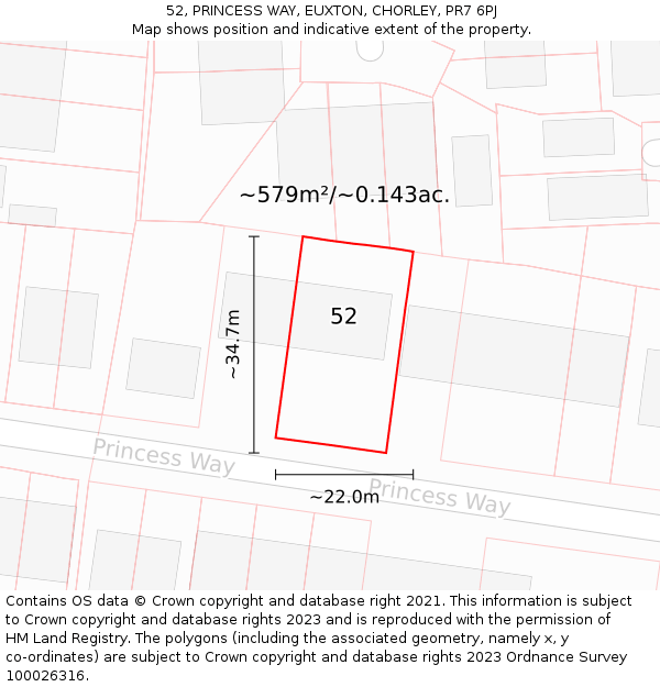 52, PRINCESS WAY, EUXTON, CHORLEY, PR7 6PJ: Plot and title map
