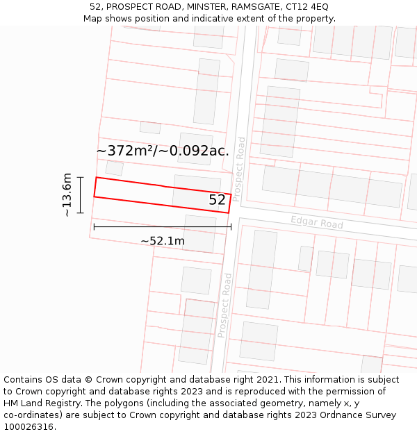 52, PROSPECT ROAD, MINSTER, RAMSGATE, CT12 4EQ: Plot and title map