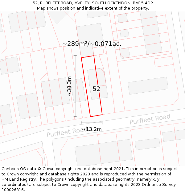 52, PURFLEET ROAD, AVELEY, SOUTH OCKENDON, RM15 4DP: Plot and title map