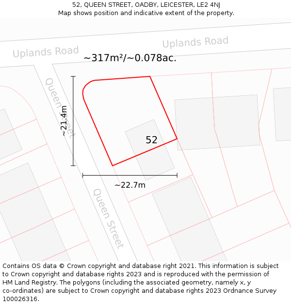 52, QUEEN STREET, OADBY, LEICESTER, LE2 4NJ: Plot and title map