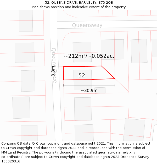 52, QUEENS DRIVE, BARNSLEY, S75 2QE: Plot and title map