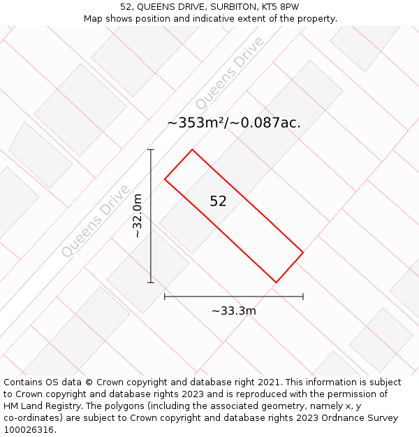 52, QUEENS DRIVE, SURBITON, KT5 8PW: Plot and title map