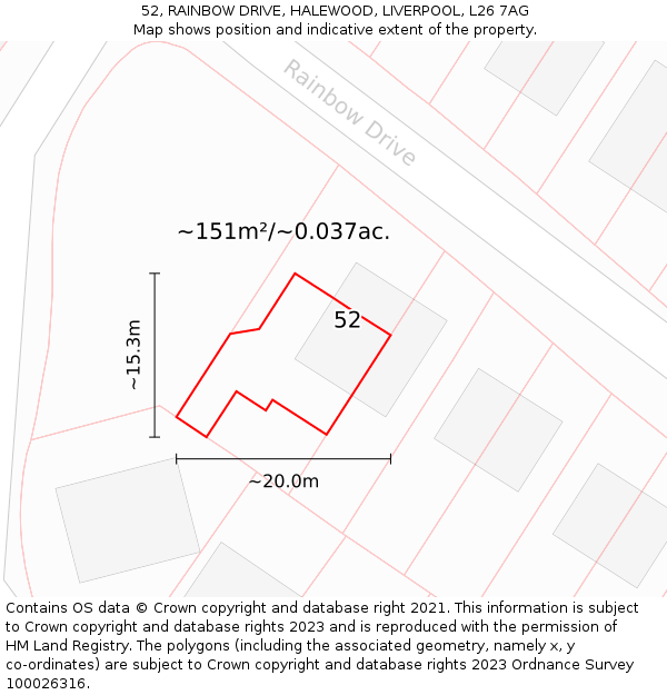 52, RAINBOW DRIVE, HALEWOOD, LIVERPOOL, L26 7AG: Plot and title map