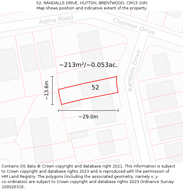 52, RANDALLS DRIVE, HUTTON, BRENTWOOD, CM13 1NN: Plot and title map