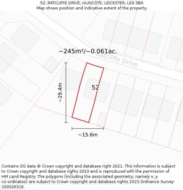 52, RATCLIFFE DRIVE, HUNCOTE, LEICESTER, LE9 3BA: Plot and title map