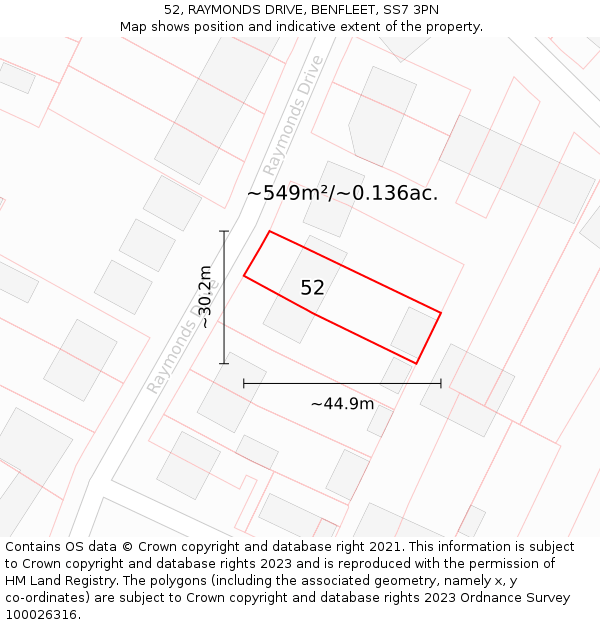 52, RAYMONDS DRIVE, BENFLEET, SS7 3PN: Plot and title map