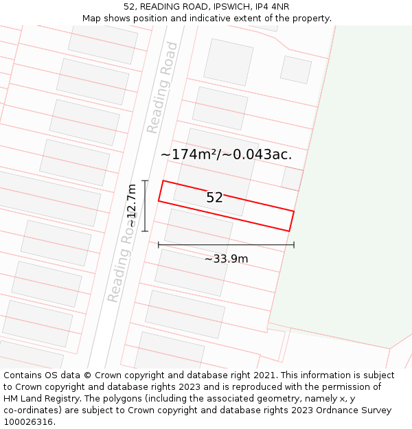 52, READING ROAD, IPSWICH, IP4 4NR: Plot and title map