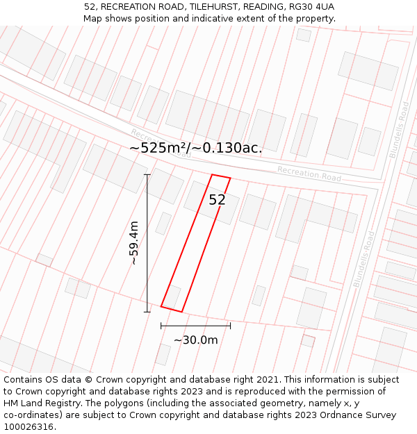 52, RECREATION ROAD, TILEHURST, READING, RG30 4UA: Plot and title map