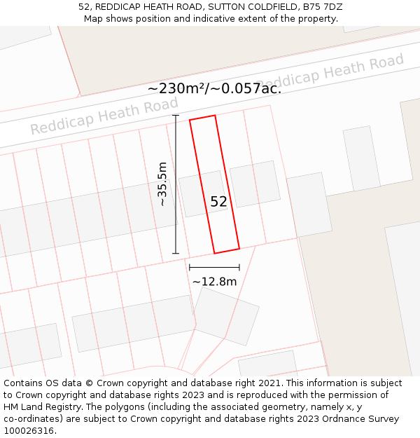 52, REDDICAP HEATH ROAD, SUTTON COLDFIELD, B75 7DZ: Plot and title map