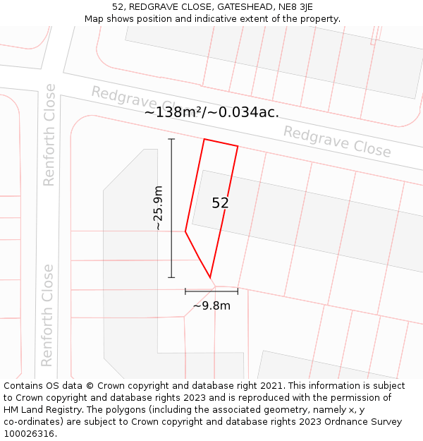 52, REDGRAVE CLOSE, GATESHEAD, NE8 3JE: Plot and title map