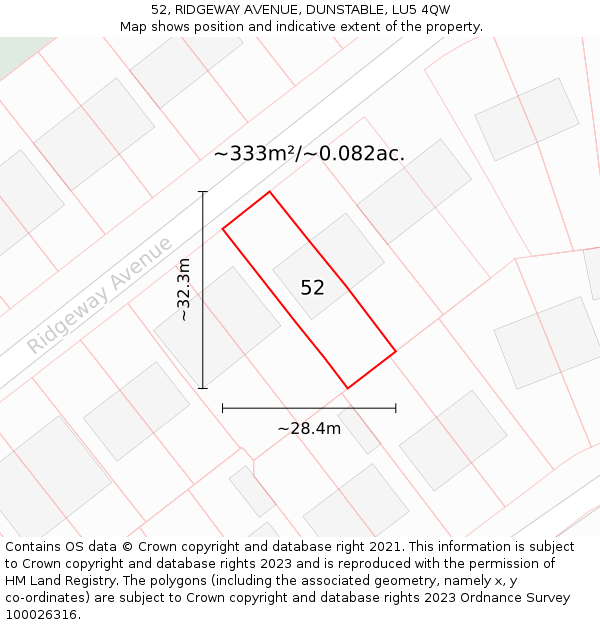 52, RIDGEWAY AVENUE, DUNSTABLE, LU5 4QW: Plot and title map