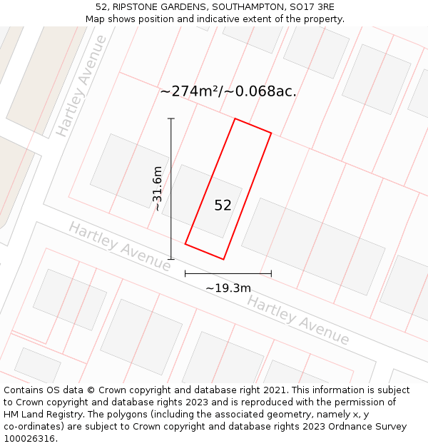 52, RIPSTONE GARDENS, SOUTHAMPTON, SO17 3RE: Plot and title map