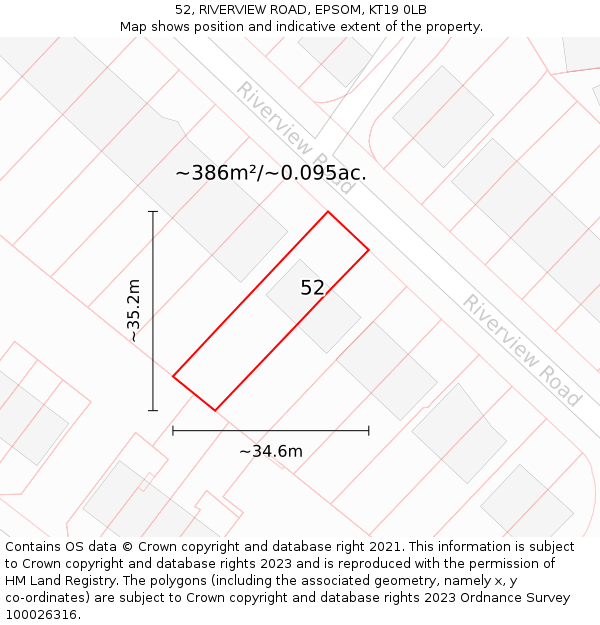 52, RIVERVIEW ROAD, EPSOM, KT19 0LB: Plot and title map