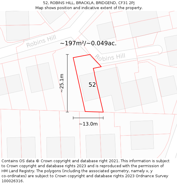 52, ROBINS HILL, BRACKLA, BRIDGEND, CF31 2PJ: Plot and title map