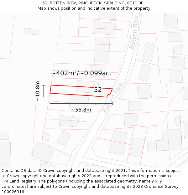 52, ROTTEN ROW, PINCHBECK, SPALDING, PE11 3RH: Plot and title map