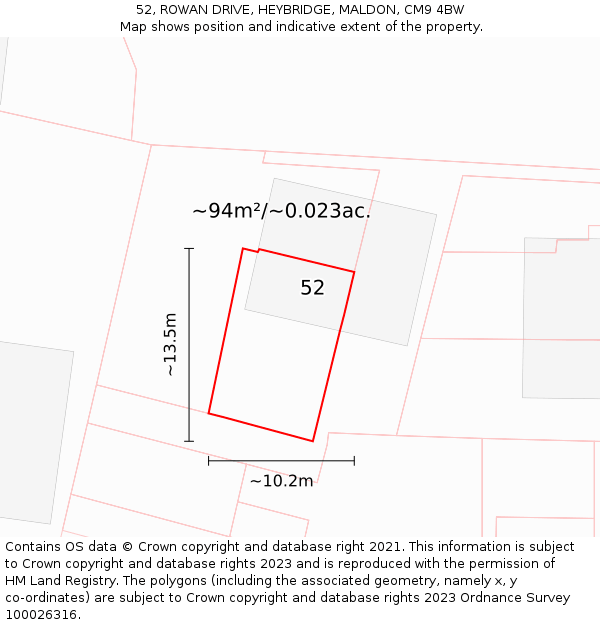 52, ROWAN DRIVE, HEYBRIDGE, MALDON, CM9 4BW: Plot and title map