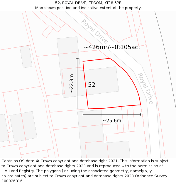 52, ROYAL DRIVE, EPSOM, KT18 5PR: Plot and title map