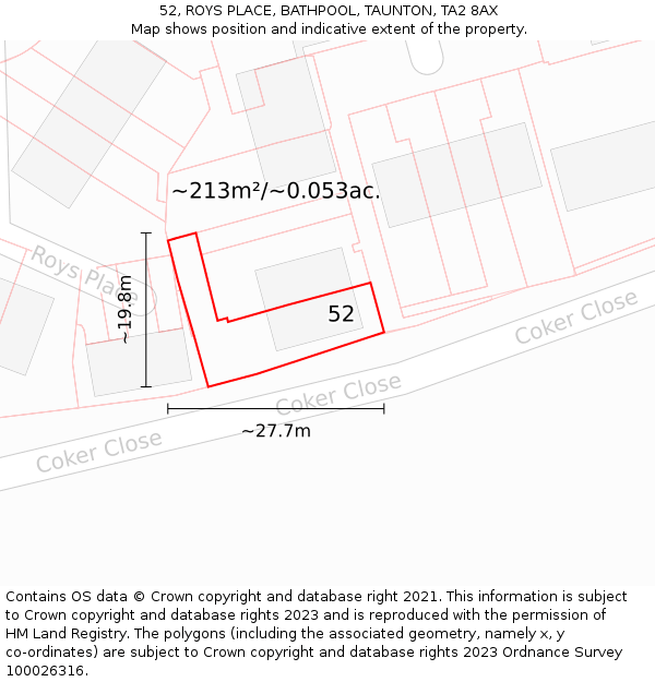 52, ROYS PLACE, BATHPOOL, TAUNTON, TA2 8AX: Plot and title map