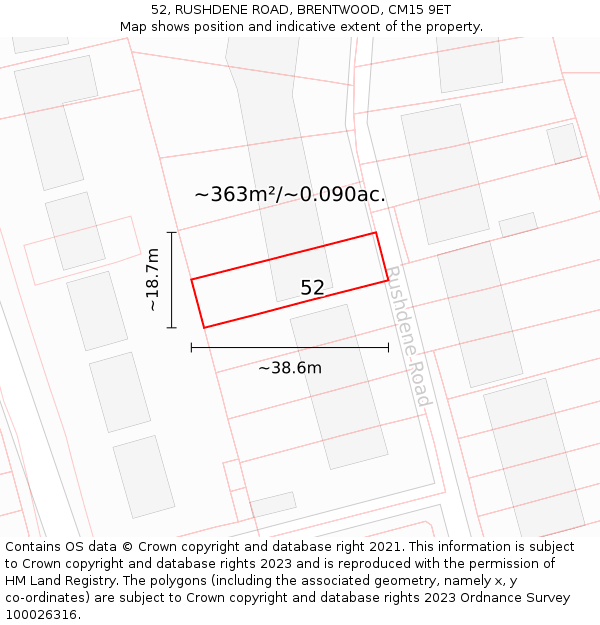 52, RUSHDENE ROAD, BRENTWOOD, CM15 9ET: Plot and title map