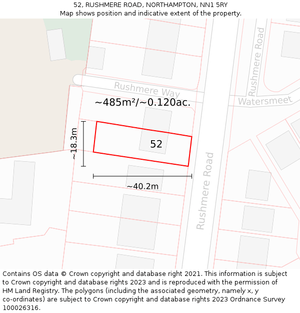 52, RUSHMERE ROAD, NORTHAMPTON, NN1 5RY: Plot and title map